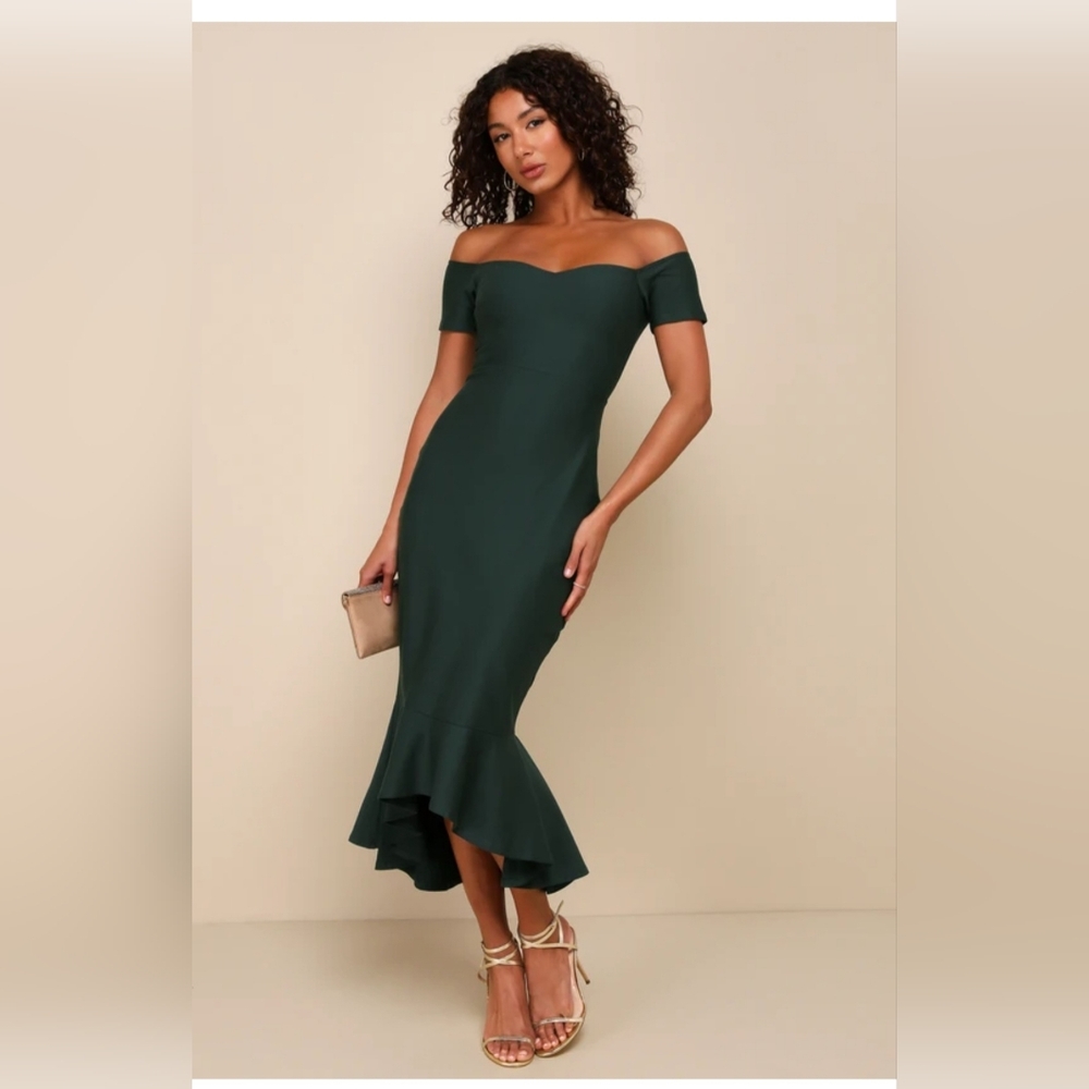 Lulus How Much I Care Dark Green Off-the-Shoulder Midi Dress Dark Green - Small